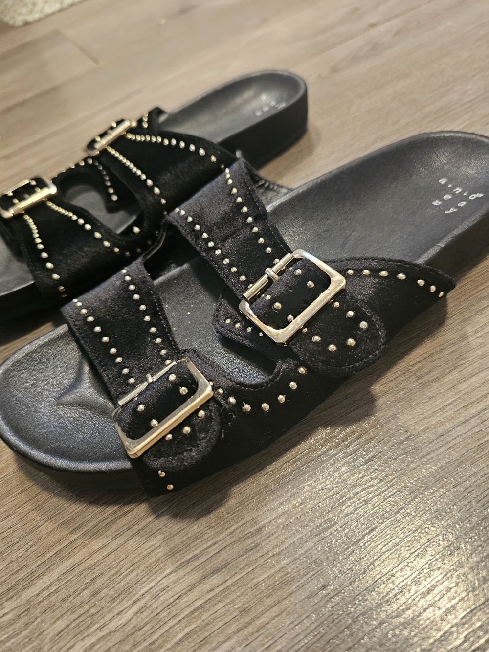 A New Day-Black Studded Double-Buckle Slide Sandals- Size 8